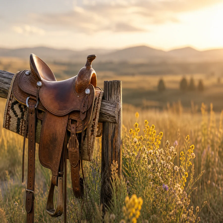 Western saddle on a fence post with prairie wildflowers