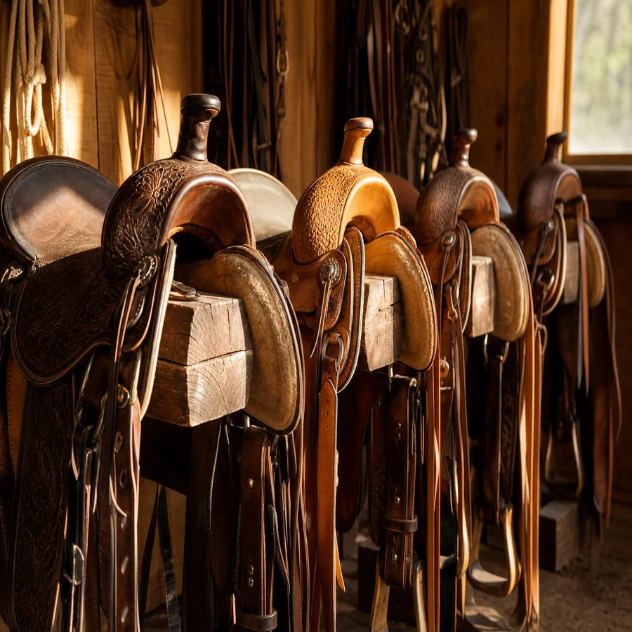 Western saddles on a wooden rack in a sunlit tack room
