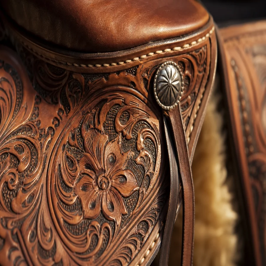 Close-up of Western saddle leather tooling and stitching