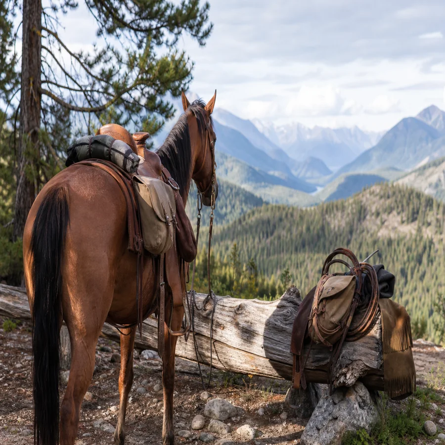 Trail gear and Western saddle bags at a scenic overlook