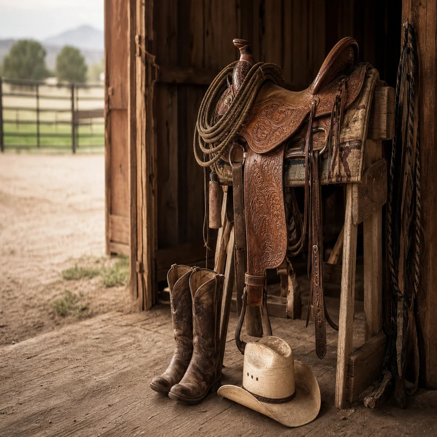 Barn entryway with Western saddle on a stand