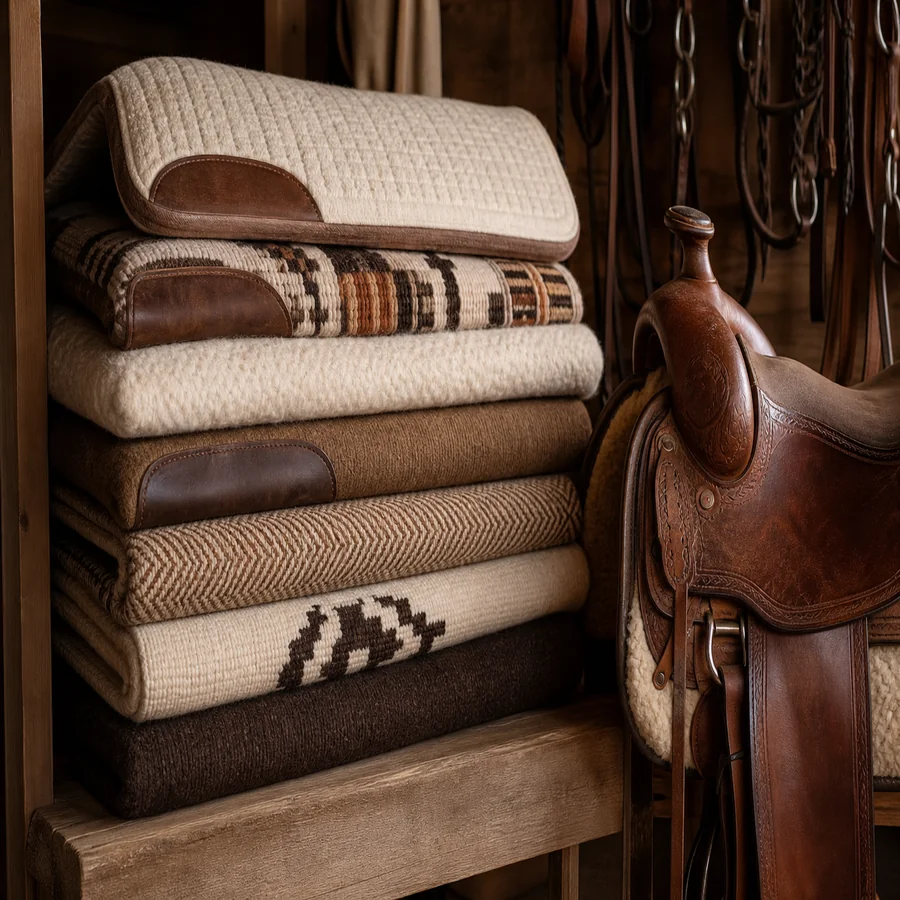 Stacked saddle pads beside a Western saddle